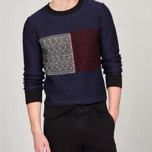 NWT Tommy Hilfiger Men's Geometric Colorblock Knit Pullover Sweater Navy Red M